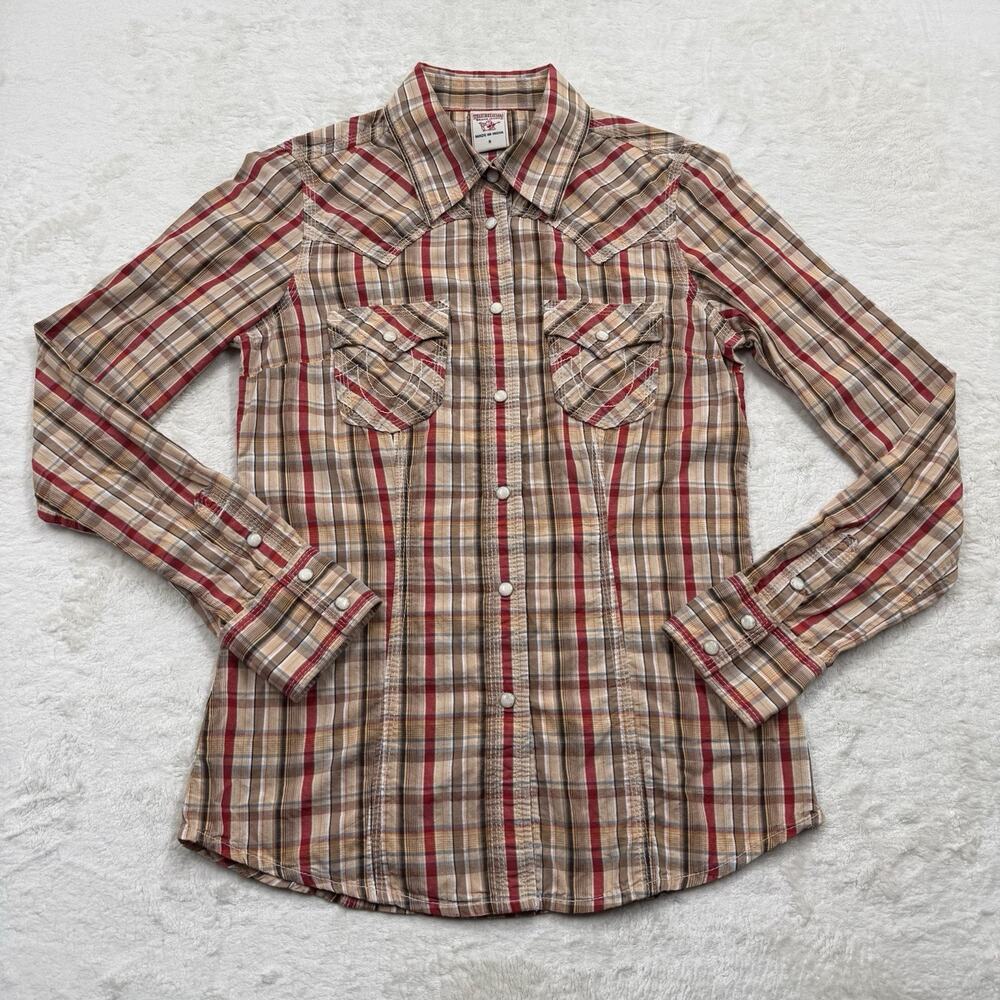 True Religion Shirt Plaid Western Brown Pearl Snap Button Down Women Sz Small